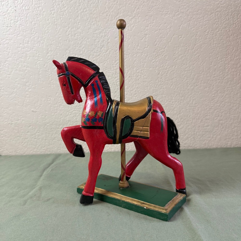 Vintage Handcrafted Red Wooden Carousel Horse Figurine on Stand 12.5 Inch